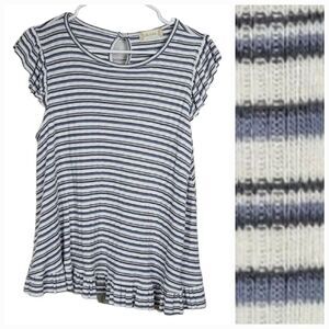Altar’d State Blue Striped Keyhole Ribbed Knit Top Flutter Sleeve Women's Small
